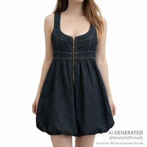 BOOM BOOM L blue denim sleeveless bubble dress silver thread full front zip